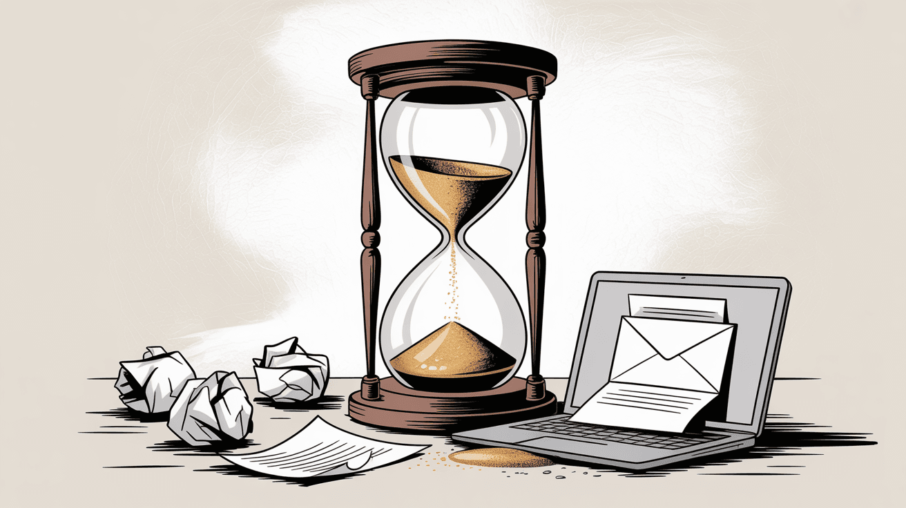 Visual metaphor of time wasted on email management showing hourglass and email notifications representing productivity costs